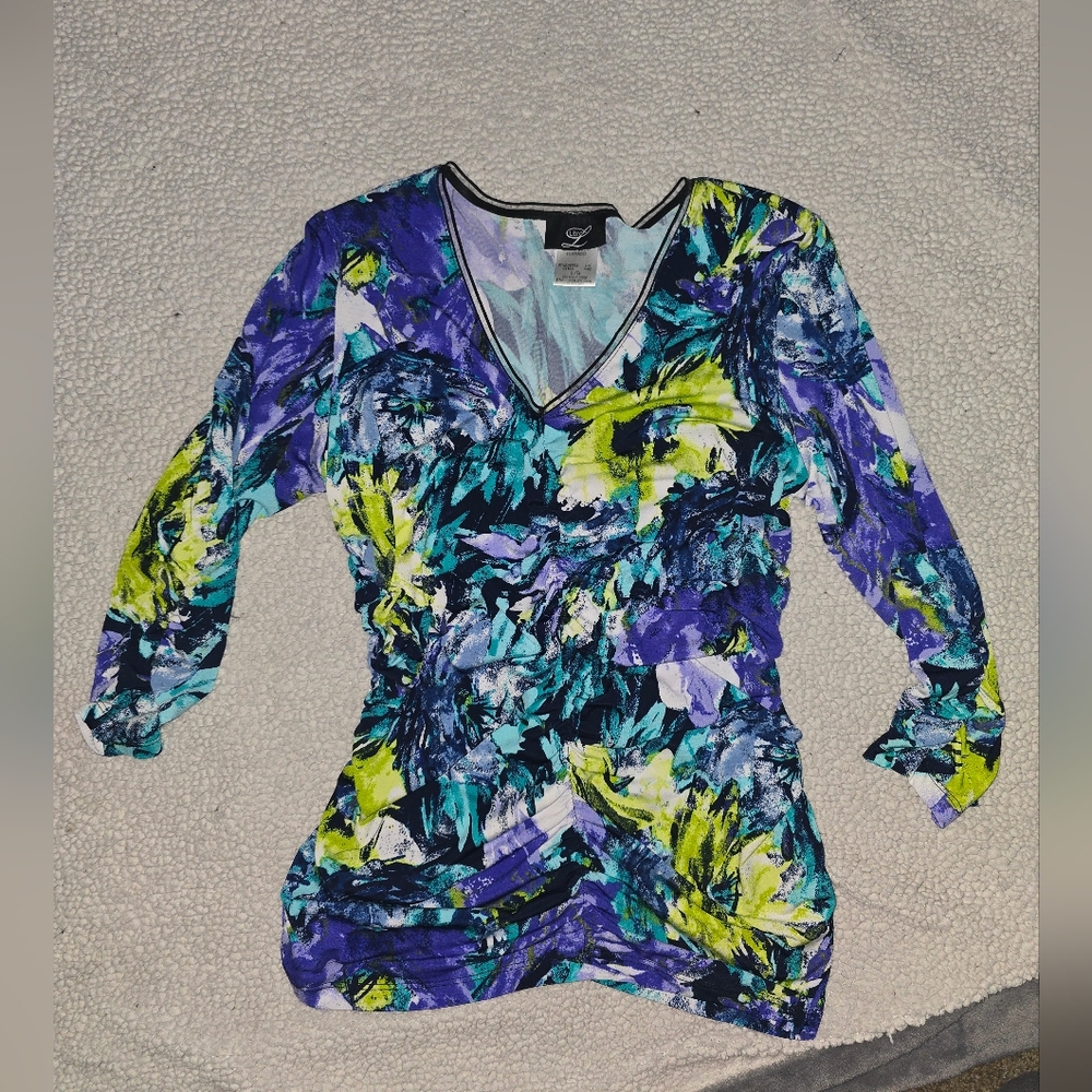 Floral V-Neck Ruched Tunic Top in Teal, Purple & Lime